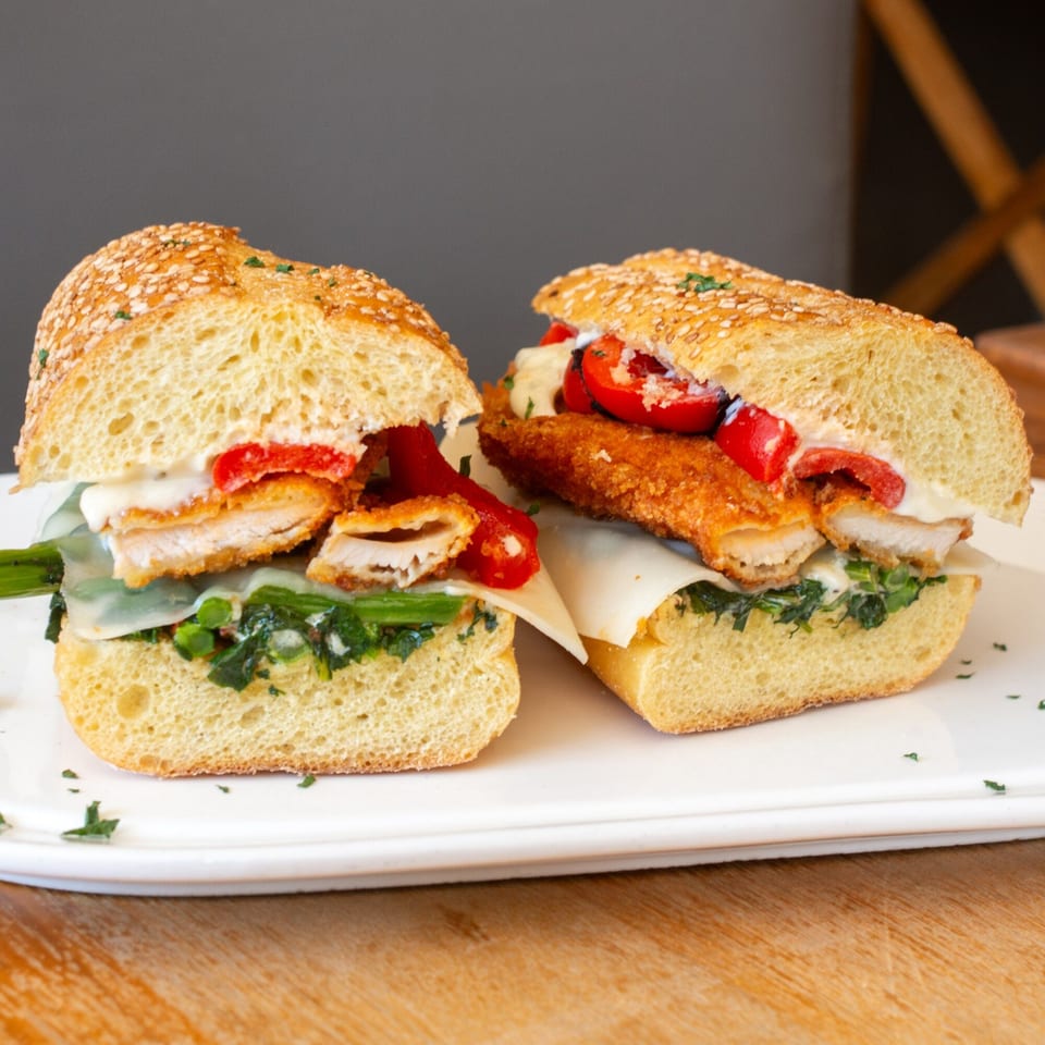 Two halves of a chicken cutlet sandwich with red peppers, cheese, and greens on a white plate.