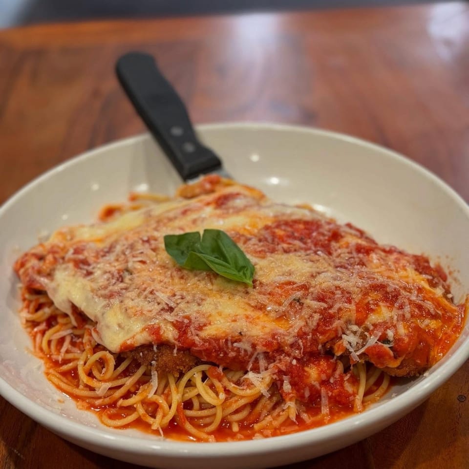 Chicken Parmesan with spaghetti, red sauce, melted cheese, and a basil leaf, served in a white bowl.